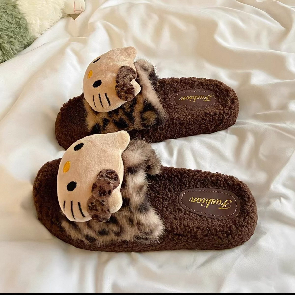 Leopard Print Hello Kitty Fur Slippers
